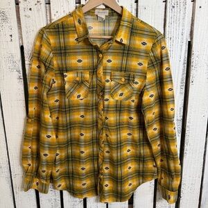 Passport Button Up Shirt Yellow‎ Blue Plaid Women’s Size XL Grunge Skater Boho